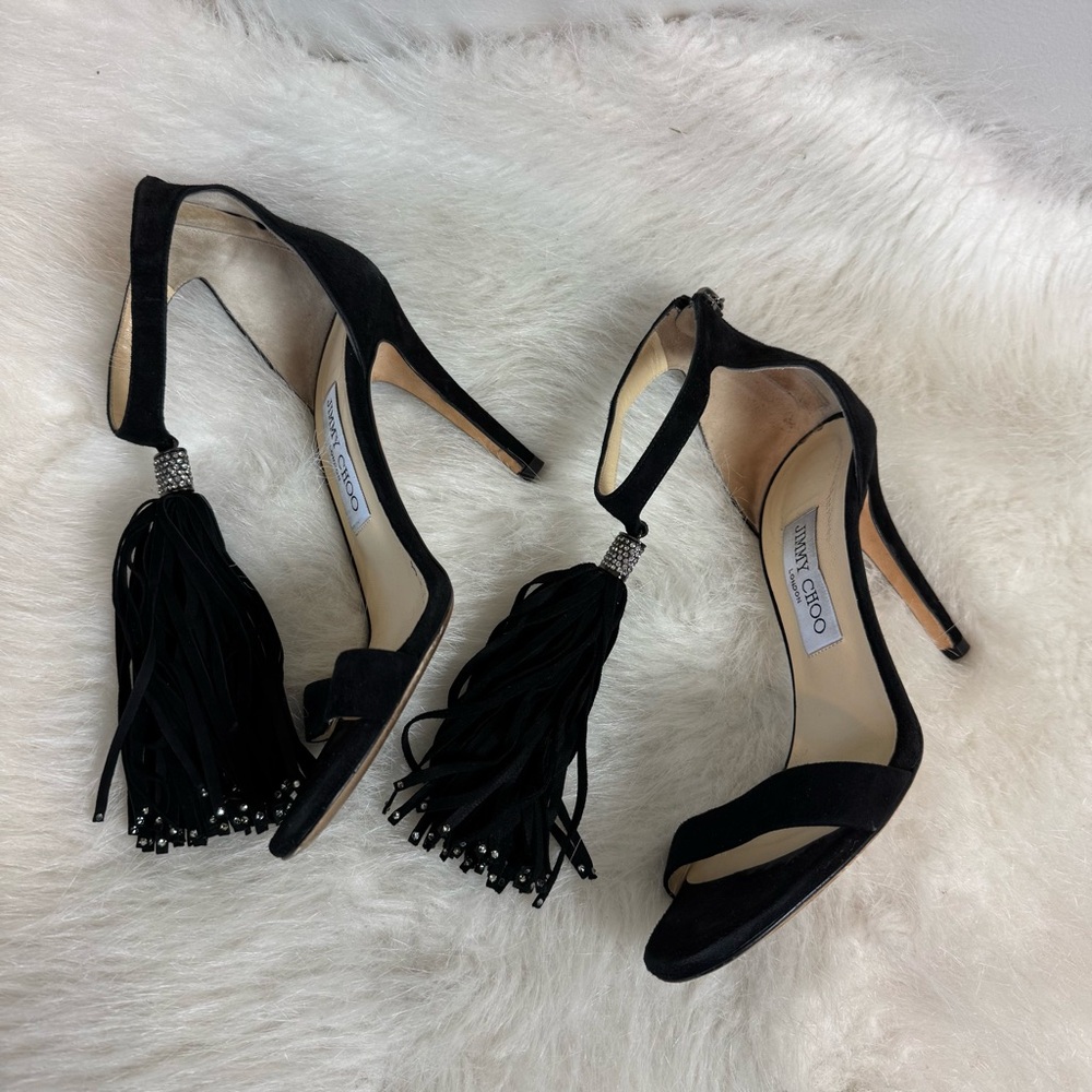 Jimmy Choo Viola Suede Fringe Rhinestone Sandal Heels - Picture 6 of 13